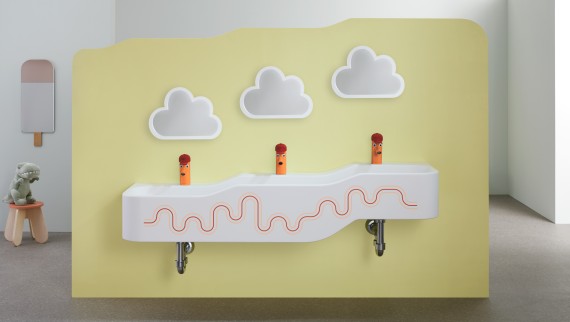 Umywalka dla dzieci Geberit Bambini w kolorze czerwonym i pomarańczowym