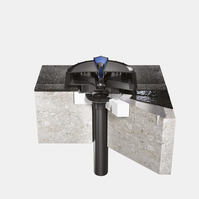 Instalacja Geberit Pluvia na dachu betonowym z bitumicznym pokryciem dachowym lub membraną Instalacja Geberit Pluvia na dachu betonowym z bitumicznym pokryciem dachowym lub membraną