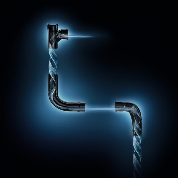 Hydraulicznie zoptymalizowany strumień wody dzięki kształtkom Geberit SuperTube. Hydraulicznie zoptymalizowany strumień wody dzięki kształtkom Geberit SuperTube.