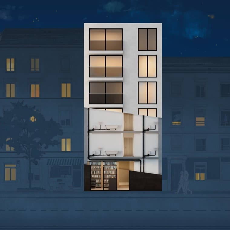 Przekrój bloku mieszkalnego z rurą Geberit PE SuperTube Przekrój bloku mieszkalnego z rurą Geberit PE SuperTube