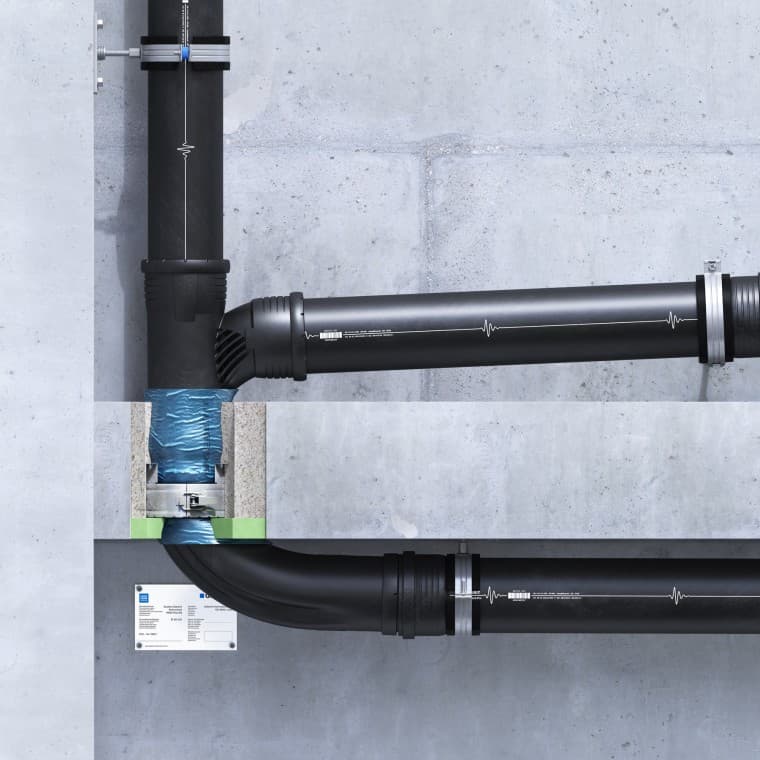 Tuleja ogniochronna Geberit RS90 Plus EN osadzona w suficie z izolacją EPS/XPS Tuleja ogniochronna Geberit RS90 Plus EN osadzona w suficie z izolacją EPS/XPS